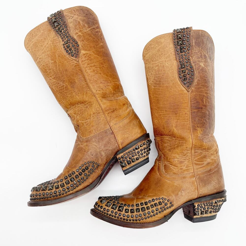 Lucchese Tan Studded Leather Heeled Cowboy Boots - Picture 4 of 11